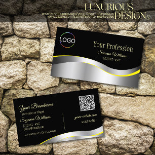 Elegance Black Wavy Silver Dekoration mit Logo QR  Visitenkarte