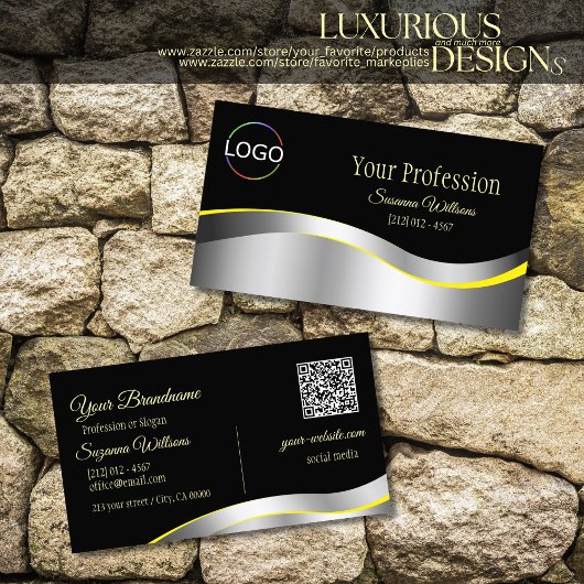 Elegance Black Wavy Silver Dekoration mit Logo QR Visitenkarte