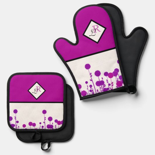 Elegance Blooms: Personalisiertes Monogramm Ofenhandschuh & Topflappen-Set (Vorderseite/Rückseite)