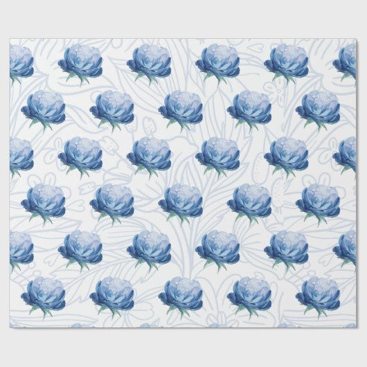 Elegance Blue Peony Botanical Wrapping Paper Geschenkpapier (Flach)