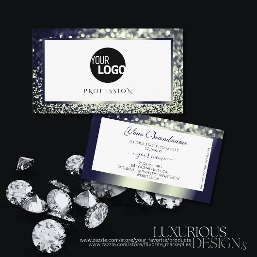 Elegance Blue Silver Ombre Glitzer White Add Logo Visitenkarte