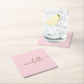 Elegance Blush Pink Gold Monogram Script Signature Rechteckiger Pappuntersetzer (Vor Ort)