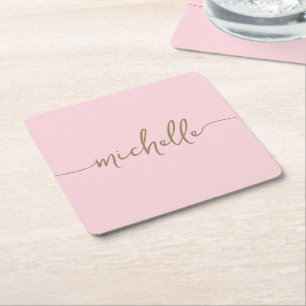 Elegance Blush Pink Gold Monogram Script Signature Rechteckiger Pappuntersetzer