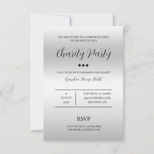 Elegance & Class Silver Wohltätigkeit Party Einladung (Vorderseite)