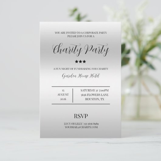 Elegance & Class Silver Wohltätigkeit Party Einladung (Stehend Vorderseite)