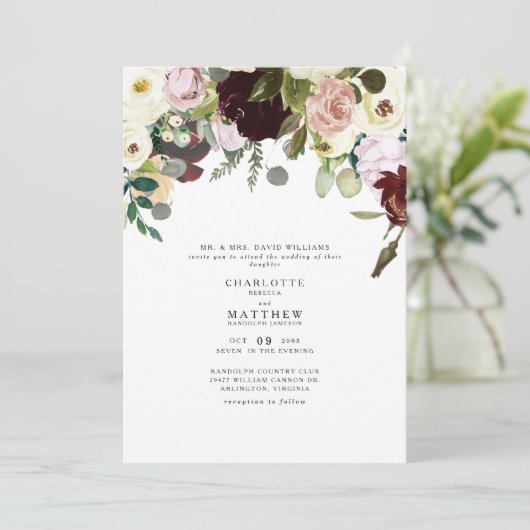 Elegance Dusty Rose & Burgund Blumenhochzeit Einladung (Stehend Vorderseite)