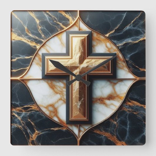 Elegance im stilvollen Kreuz auf schwarzem und gol Quadratische Wanduhr (Vorderseite)
