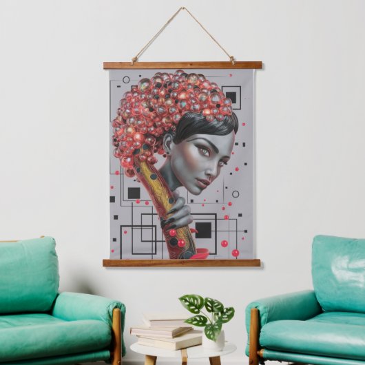 Elegance in Linien: 3D Tiefe eines weiblichen Seit Wandteppich Mit Holzrahmen (Wohnzimmer)