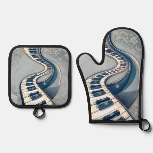 Elegance in piano keys and blossoms. ofenhandschuh & Topflappen-Set (Vorderseite)