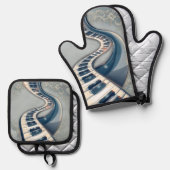 Elegance in piano keys and blossoms. ofenhandschuh & Topflappen-Set (Vorderseite/Rückseite)