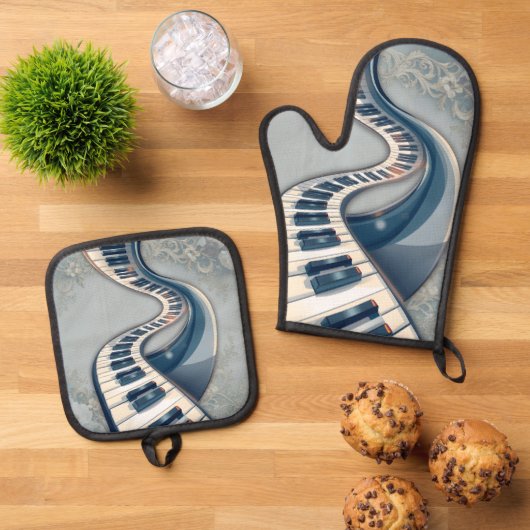 Elegance in piano keys and blossoms. ofenhandschuh & Topflappen-Set (Oben Unten)