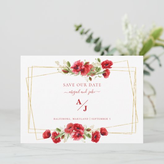 Elegance in Red Wedding Rettete unser Datum Save The Date (Stehend Vorderseite)