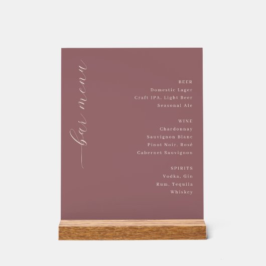 Elegance Maroon Calligraphy Bar Menu Acrylschild (Vorderseite)