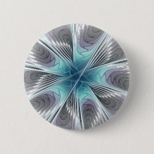 Elegance Modernes Blue Grau Weiß Fraktal Blume Button