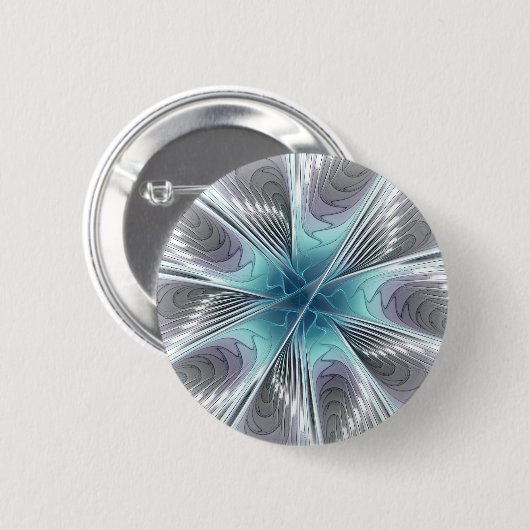 Elegance Modernes Blue Grau Weiß Fraktal Blume Button (Vorne & Hinten)