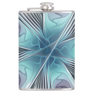 Elegance Modernes Blue Grau Weiß Fraktal Blume Flachmann