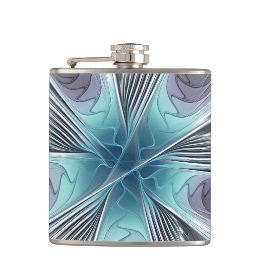Elegance Modernes Blue Grau Weiß Fraktal Blume Flachmann (Vorderseite)