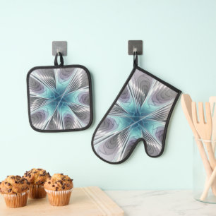Elegance Modernes Blue Grau Weiß Fraktal Blume Ofenhandschuh & Topflappen-Set