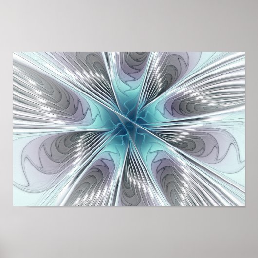 Elegance Modernes Blue Grau Weiß Fraktal Blume Poster (Vorne)