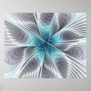 Elegance Modernes Blue Grau Weiß Fraktal Blume Poster