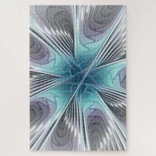 Elegance Modernes Blue Grau Weiß Fraktal Blume Puzzle