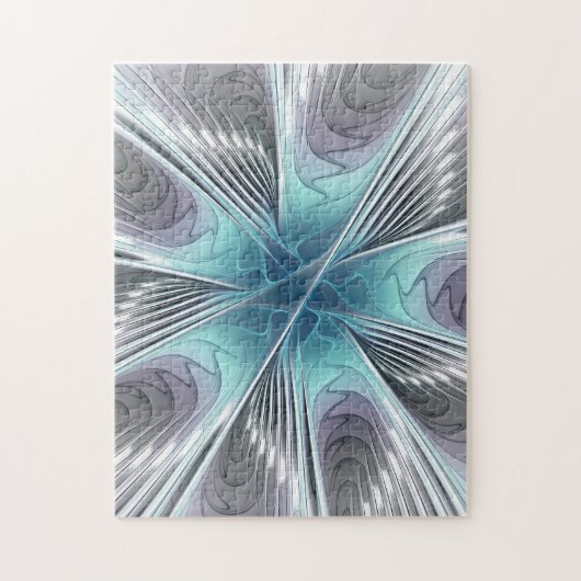 Elegance Modernes Blue Grau Weiß Fraktal Blume Puzzle (Vertikal)