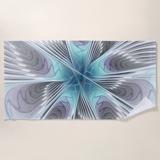 Elegance Modernes Blue Grau Weiß Fraktal Blume Strandtuch (Vorderseite)