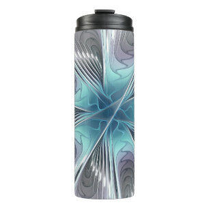 Elegance Modernes Blue Grau Weiß Fraktal Blume Thermosbecher