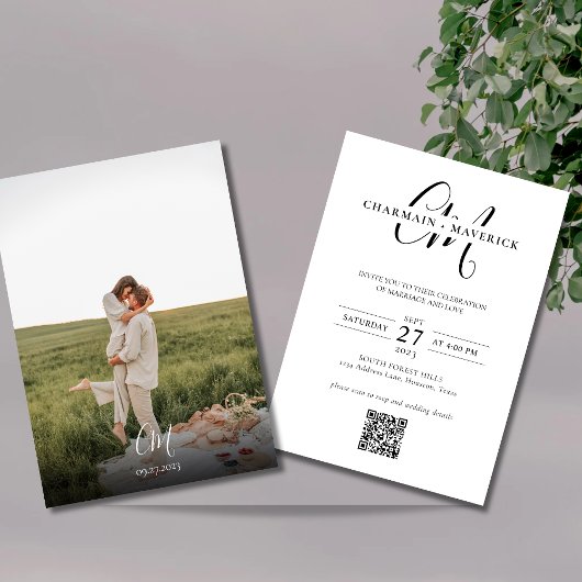 Elegance Monogram Foto Qr Code Wedding Einladung