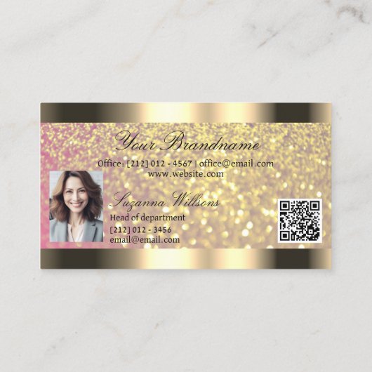 Elegance Pink Glitzer Gold Border Foto QR Code Visitenkarte (Rückseite)
