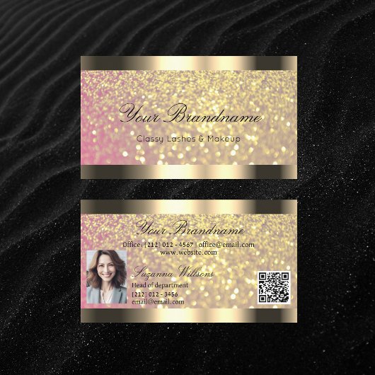 Elegance Pink Glitzer Gold Border Foto QR Code Visitenkarte