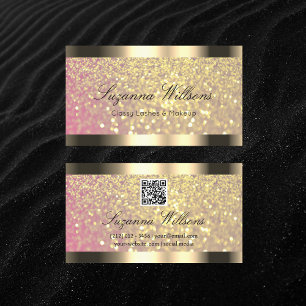 Elegance Rosa Golden Glitzer Gold Border QR Code Visitenkarte