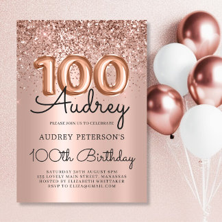 Elegance Rose Gold Glitzer Ballon 100. Geburtstag Einladung