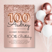 Elegance Rose Gold Glitzer Ballon 100. Geburtstag Einladung