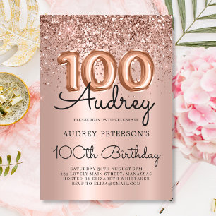 Elegance Rose Gold Glitzer Ballon 100. Geburtstag Einladung
