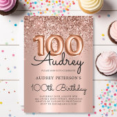 Elegance Rose Gold Glitzer Ballon 100. Geburtstag Einladung
