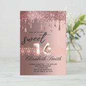 Elegance Rose Gold Tropfen 16 . Geburtstag Einladung (Stehend Vorderseite)