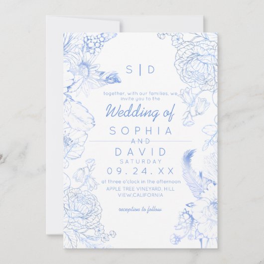 Elegance Rustic Blue Wildflower Wedding Einladung (Vorderseite)