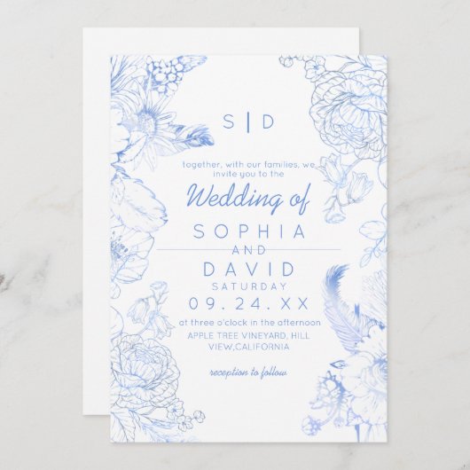 Elegance Rustic Blue Wildflower Wedding Einladung (Vorne/Hinten)