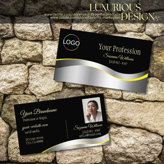 Elegance Schwarz-Weiß-Silber-Dekoration mit Logo-F Visitenkarte