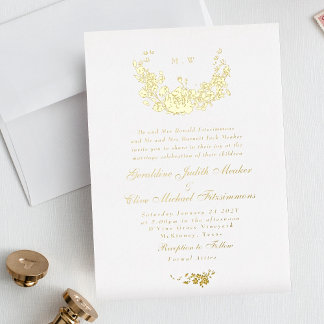 Elegance Subtle Real Gold Wreath Monogram Wedding Folieneinladung