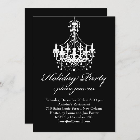 Elegand Black and White Chandelier Weihnachts-Part Einladung (Vorne/Hinten)