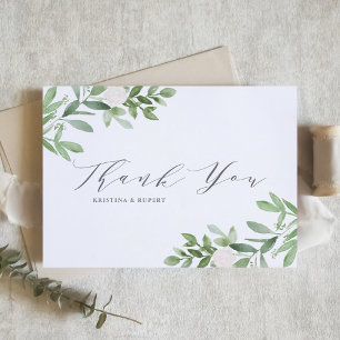 Eleganes Grün und weiße Blumen Graue Hochzeit Dankeskarte