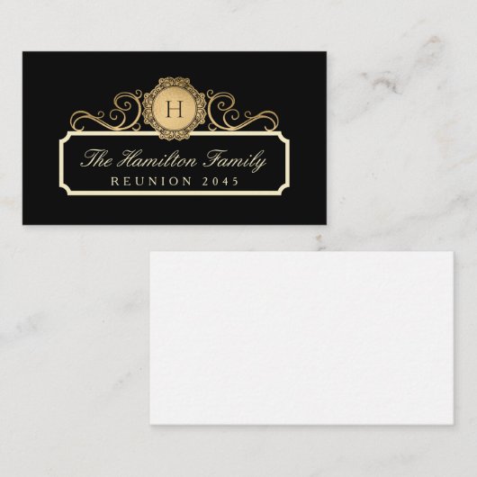 Eleganfamilie Wiedersehen Gold Monogram Black Mitteilungskarte (Vorne/Hinten)
