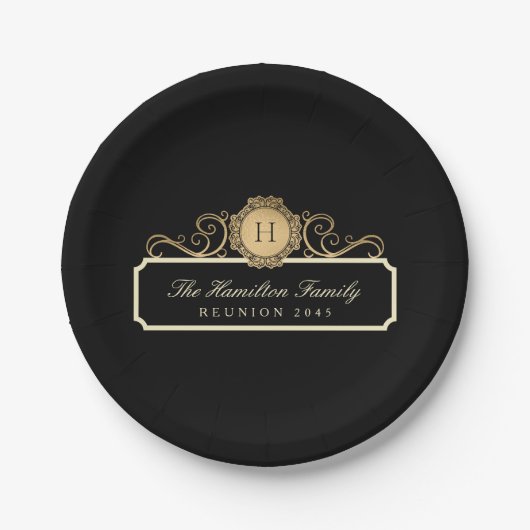Eleganfamilie Wiedersehen Gold Monogram Black Pappteller (Vorderseite)