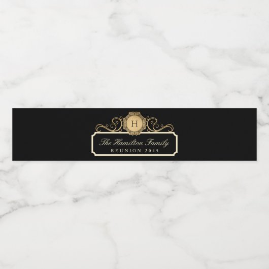 Eleganfamilie Wiedersehen Gold Monogram Black Wasserflaschenetikett (Einzelnes Label)