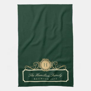 Eleganfamilie Wiedersehen Gold Monogram Green Geschirrtuch