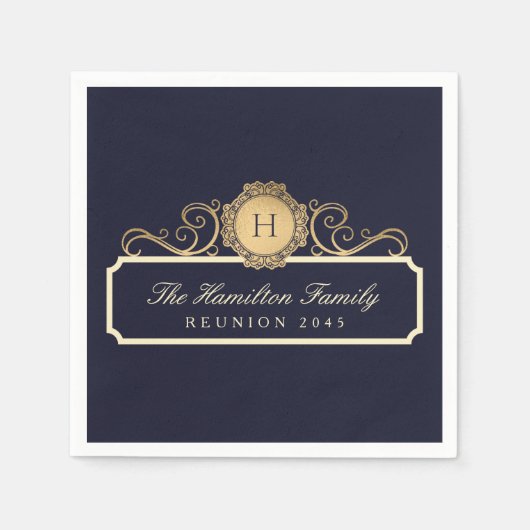 Eleganfamilie Wiedersehen Gold Monogram Navy Serviette (Vorderseite)