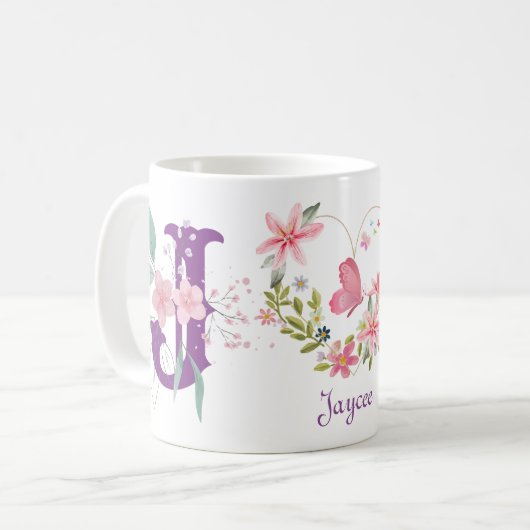 Eleganfarbene Blütenschmetterlingsmonogramm J Kaffeetasse (Vorderseite Links)