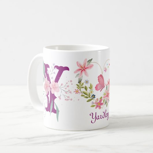 Eleganfarbene Blütenschmetterlingsmonogramm Y Kaffeetasse (Vorderseite Links)